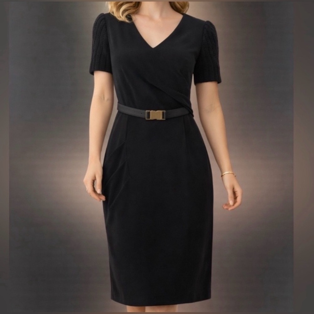 Nue by Shani Shapewear Lined Black V-Neck, Knit Sleeves Belted Midi Dress NWT - Picture 11 of 13
